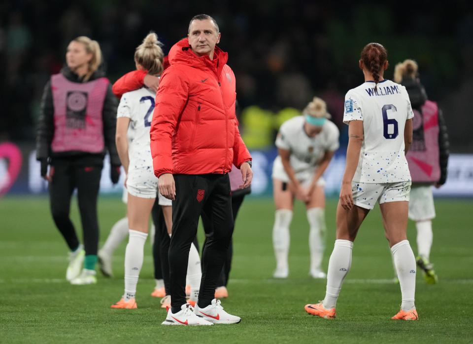 Former USWNT head coach Vlatko Andonovski on the pitch after the team's round of 16 loss in the World Cup against Sweden at Melbourne Rectangular Stadium.