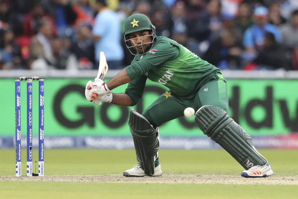 Pakistan's captain Sarfaraz Ahmed bats during the Cricket World Cup match between India and Pakistan at Old Trafford in Manchester, England, Sunday, June 16, 2019. (AP Photo/Aijaz Rahi)