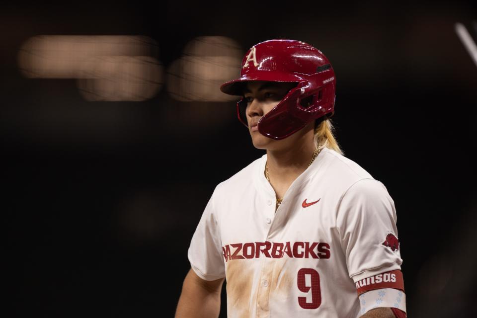 Feb 23, 2024; Arlington, TX, USA; The Arkansas Razorbacks plays against the Oregon State Beavers during the Kubota College Baseball Series - Weekend 2 at Globe Life Field. Mandatory Credit: Brett Patzke-USA TODAY Sports