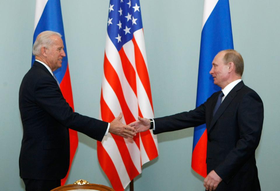 Then-Vice President Joe Biden shakes hands with Russian Prime Minister Vladimir Putin in Moscow, Russia on March 10, 2011.