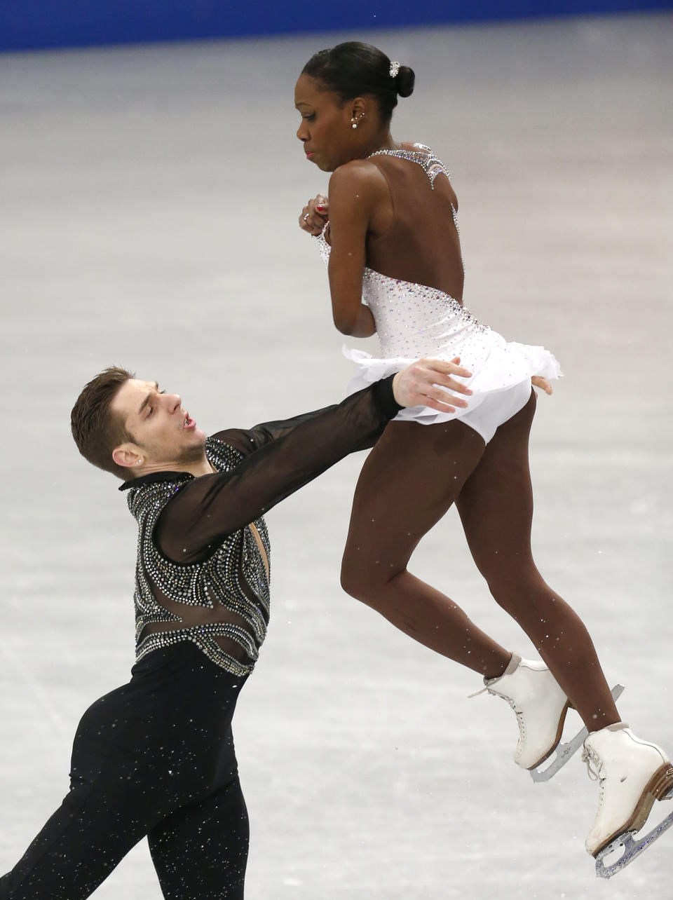 France's Vanessa James and Morgan Cipres compete in the pairs free skating at the European Figure Skating Championships in Budapest, Hungary, Sunday, Jan. 19, 2014. (AP Photo/Darko Bandic)