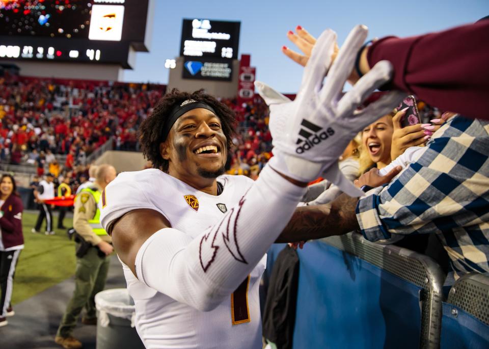 Arizona State wide receiver N'Keal Harry celebrates after defeating the Arizona Wildcats during the Territorial Cup at Arizona Stadium in Tucson on Nov. 24, 2018. Harry was selected as the 32nd overall pick by the New England Patriots in the 2019 NFL Draft.