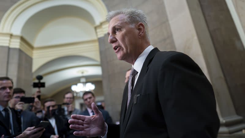 House Speaker Kevin McCarthy, R-Calif., talks to reporters amid news that Rep. Matt Gaetz, R-Fla., one of his harshest critics, plans to use a procedural tool — called a motion to vacate — to try and strip McCarthy of his office as soon as this week, at the Capitol in Washington, Monday, Oct. 2, 2023.