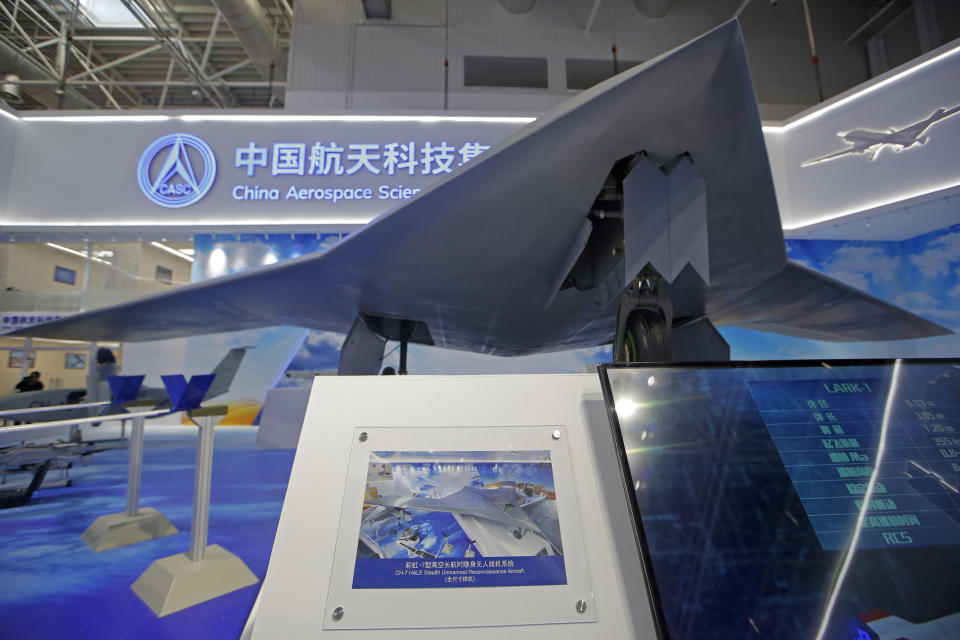 In this Tuesday, Nov. 6, 2018, file photo, China's new-generation stealth unmanned combat aircraft prototype, the CH-7, is displayed during the 12th China International Aviation and Aerospace Exhibition, also known as Airshow China 2018, in Zhuhai city, south China's Guangdong province. (AP Photo/Kin Cheung, File)