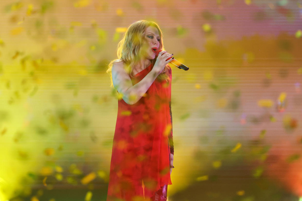 LEICESTER, ENGLAND - SEPTEMBER 17: Kylie Minogue performs on stage at BBC Radio 2 In The Park 2023 at Victoria Park on September 17, 2023 in Leicester, England. (Photo by Cameron Smith/Getty Images)