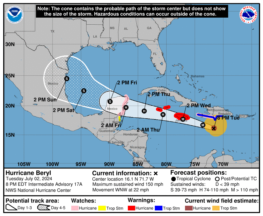 A forecast map of Hurricane Beryl on Tuesday, July 2, 2024.