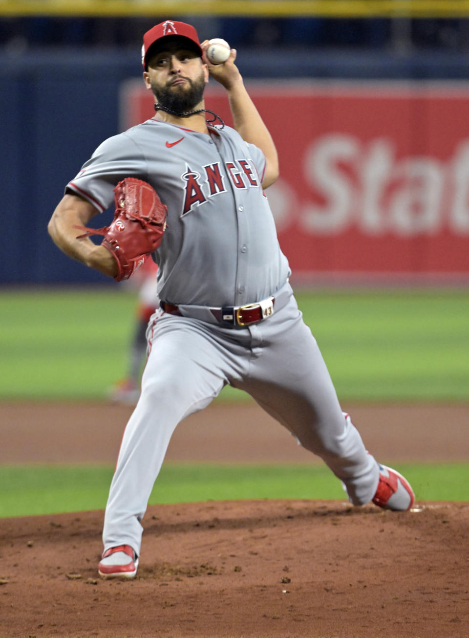 Los Angeles Angels starter Patrick Sandoval pitches against the Tampa Bay Rays during the first inning of a baseball game Monday, April 15, 2024, in St. Petersburg, Fla. (AP Photo/Steve Nesius)