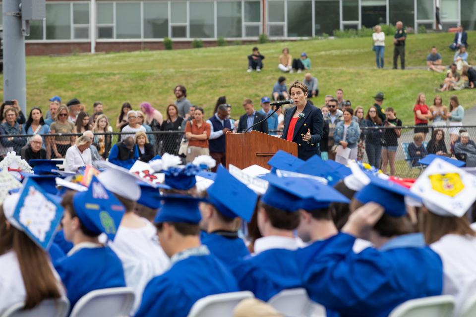 Massachusetts Governor and Winnacunnet Class of 1988 graduate Maura Healey addresses the graduates on Friday, June 7, 2024.