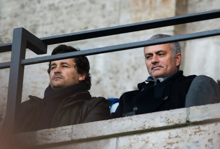 Jose Mourinho (right) attends the Bundesliga game between Hertha Berlin and Borussia Dortmund at the Olympic stadium in Berlin on February 6, 2016