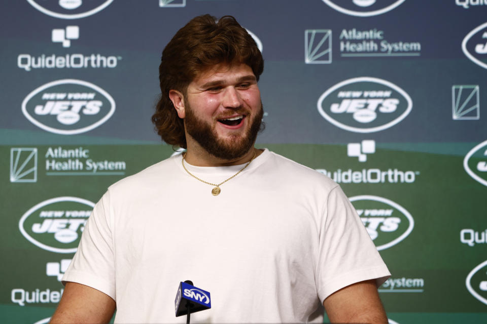 New York Jets center Joe Tippmann talks to the media after the team's NFL football rookie minicamp, Friday, May 5, 2023, in Florham Park, N.J. (AP Photo/Rich Schultz)