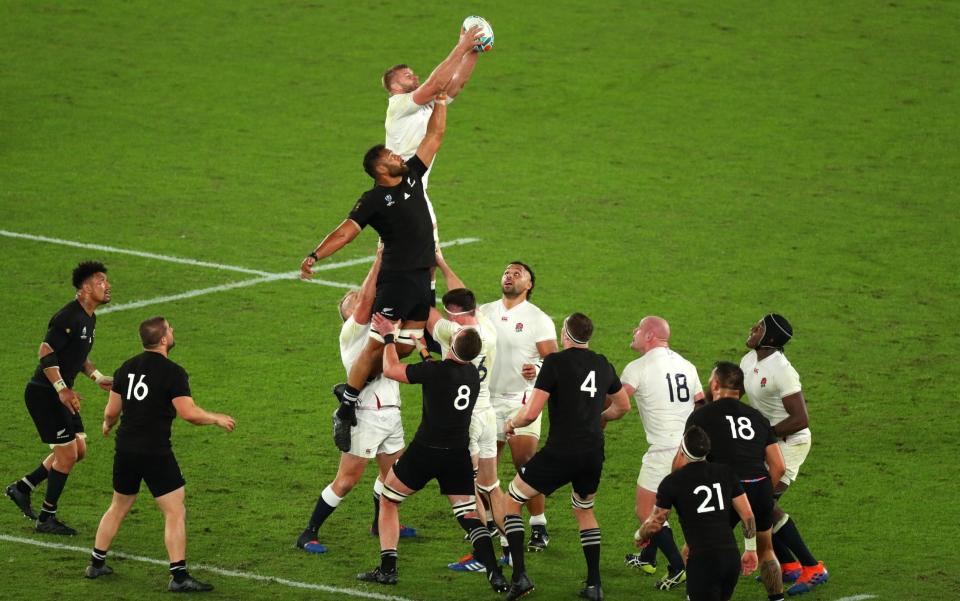 George Kruis of England rises above Patrick Tuipulotu of New Zealand in the lineout during the Rugby World Cup 2019 Semi-Final match between England and New Zealand at International Stadium Yokohama on October 26, 2019 in Yokohama, Kanagawa, Japan - Getty Images