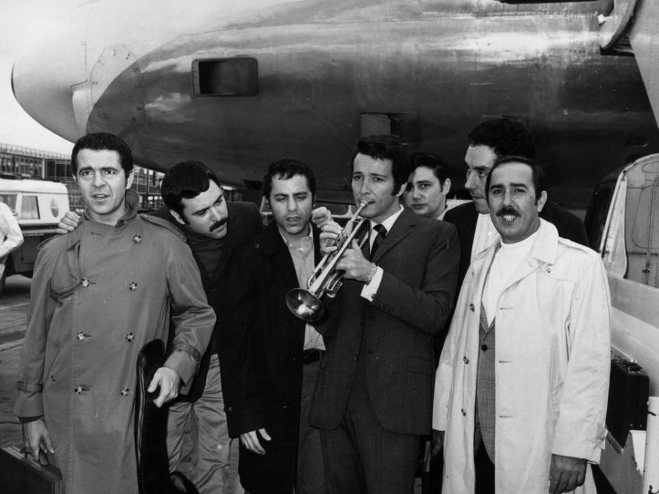 Herb Alpert & the Tijuana Brass arrive in London to play the Royal Albert Hall in 1966 (Keystone/Getty)