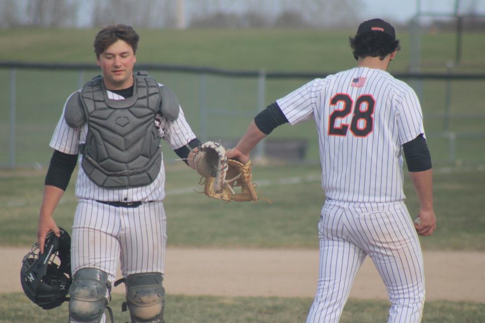 During his career, Cheboygan senior catcher Dylan Balazovic has worked with many talented pitchers, including current junior Sean Postula (28).