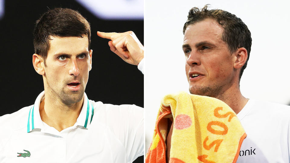 Novak Djokovic (pictured left) pointing to his head at the Australian Open and Vasek Pospisil (pictured right) fuming at the Miami Open.