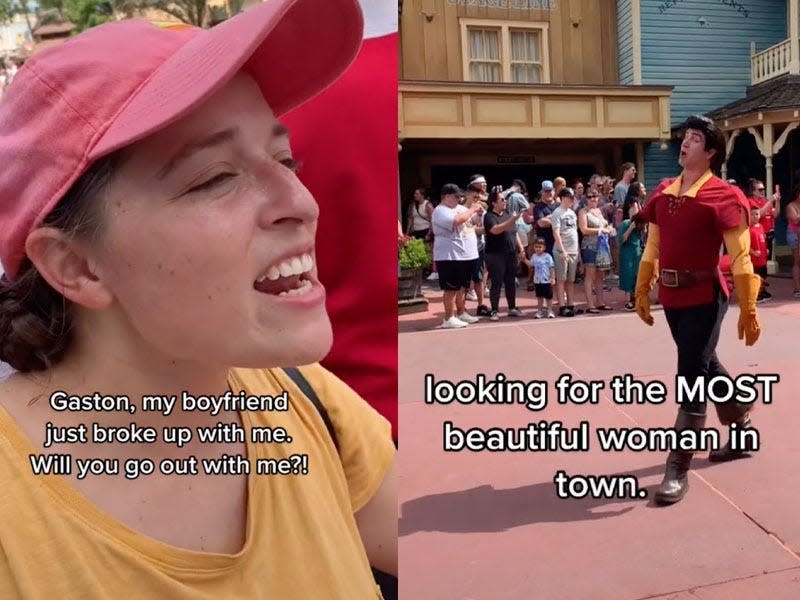 A TikToker interacts with Gaston at Disney World's Magic Kingdom.