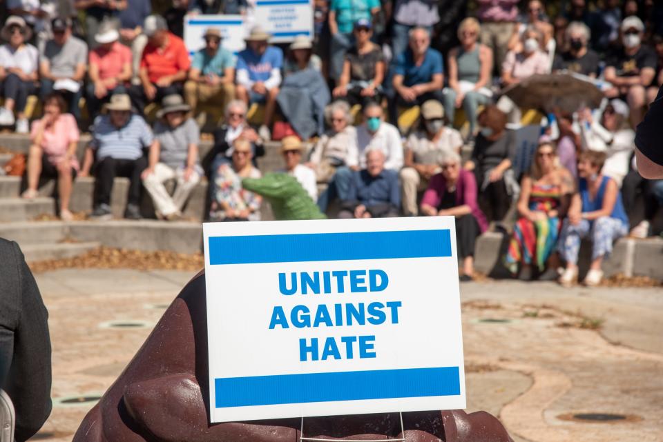 Hundreds of community members attended a unity gathering in February to denounce the anti-Semitic acts committed against Jewish Sarasota residents.