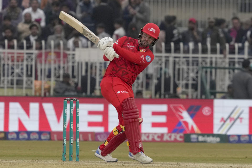 Islamabad United' Colin Munro plays a shot during the Pakistan Super League T20 cricket match between Islamabad United and Multan Sultans, in Rawalpindi, Pakistan, Sunday, March 10, 2024. (AP Photo/Anjum Naveed)