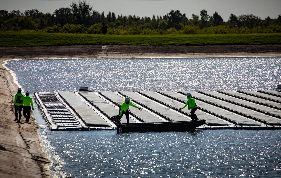 Duke says its floating solar arrays are bifacial, meaning they can pick up energy from sun reflected off the water in addition to taking it in from the sky.