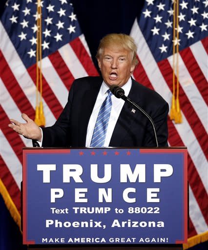 Republican presidential candidate Donald Trump speaks during a campaign rally at the Phoenix Convention Center, Wednesday, Aug. 31, 2016, in Phoenix. (AP Photo/Ross D. Franklin)