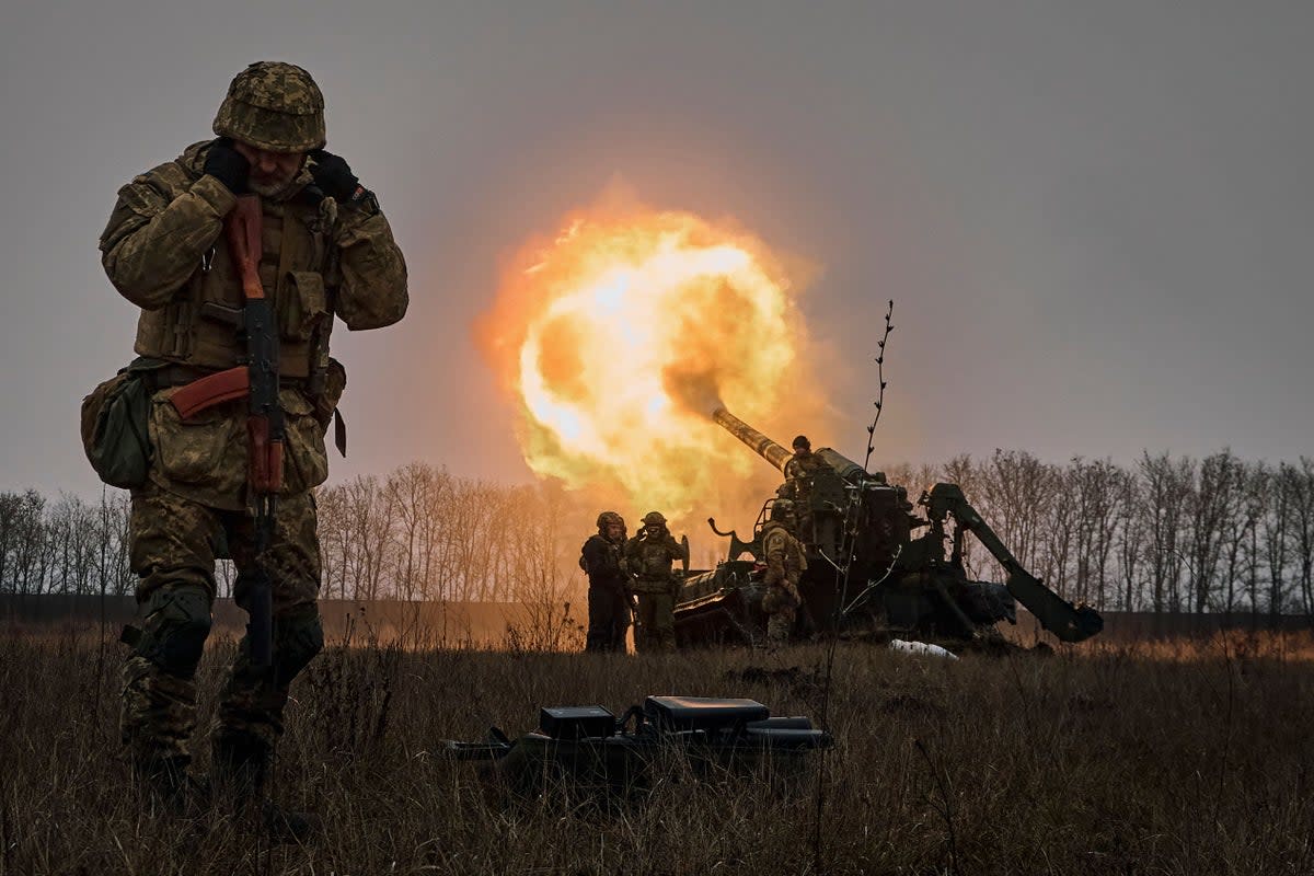 Ukrainian soldiers fire a Pion artillery system at Russian positions near Bakhmut (AP)