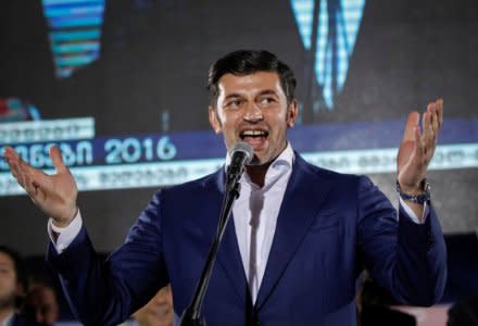 FILE PHOTO: Kakha Kaladze, Georgia's Vice Prime-Minister gestures at a rally of ruling Georgian Dream party after the parliamentary elections in Tbilisi, Georgia, October 8, 2016. REUTERS/David Mdzinarishvili