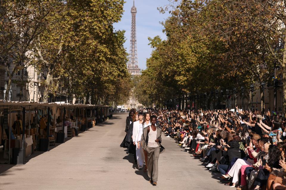 Models wear creations for the Stella McCartney Spring/Summer 2024 womenswear fashion collection presented Monday, Oct. 2, 2023 in Paris.