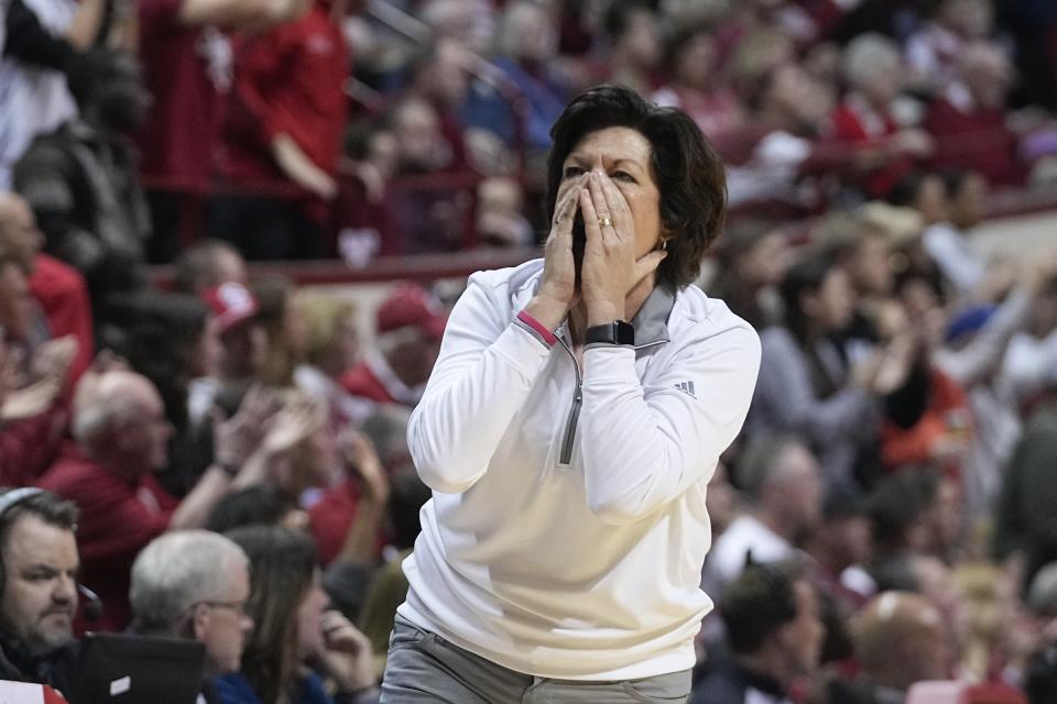 Miami head coach Katie Meier reacts a call during the second half of a second-round college basketball game against Indiana in the women's NCAA Tournament Monday, March 20, 2023, in Bloomington, Ind. (AP Photo/Darron Cummings)