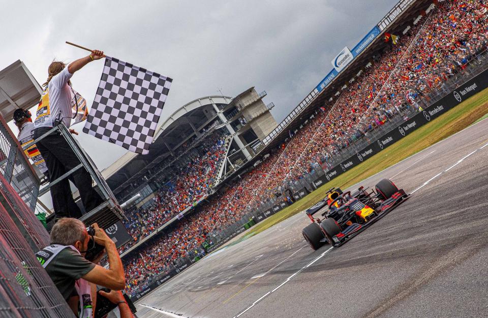 Red Bull driver Max Verstappen of the Netherland's crosses the finish line to win the German Formula One Grand Prix at the Hockenheimring racetrack in Hockenheim, Germany, Sunday, July 28, 2019. (Epa pool photo Via AP/Suki Sulejmanovic)