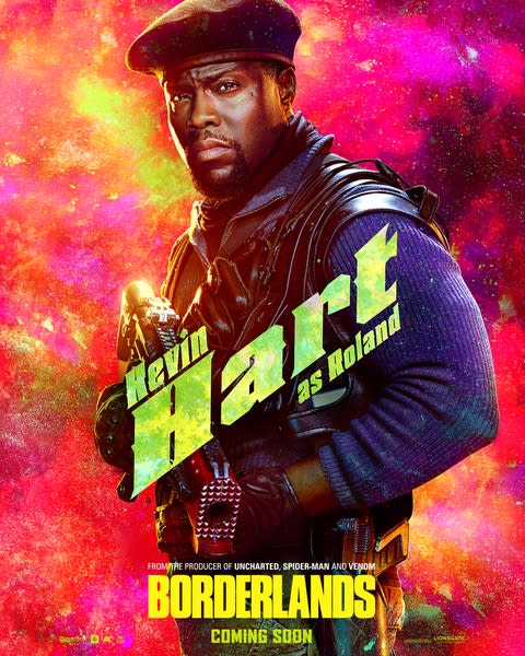 Kevin Hart holds a gun and poses on Borderlands poster.
