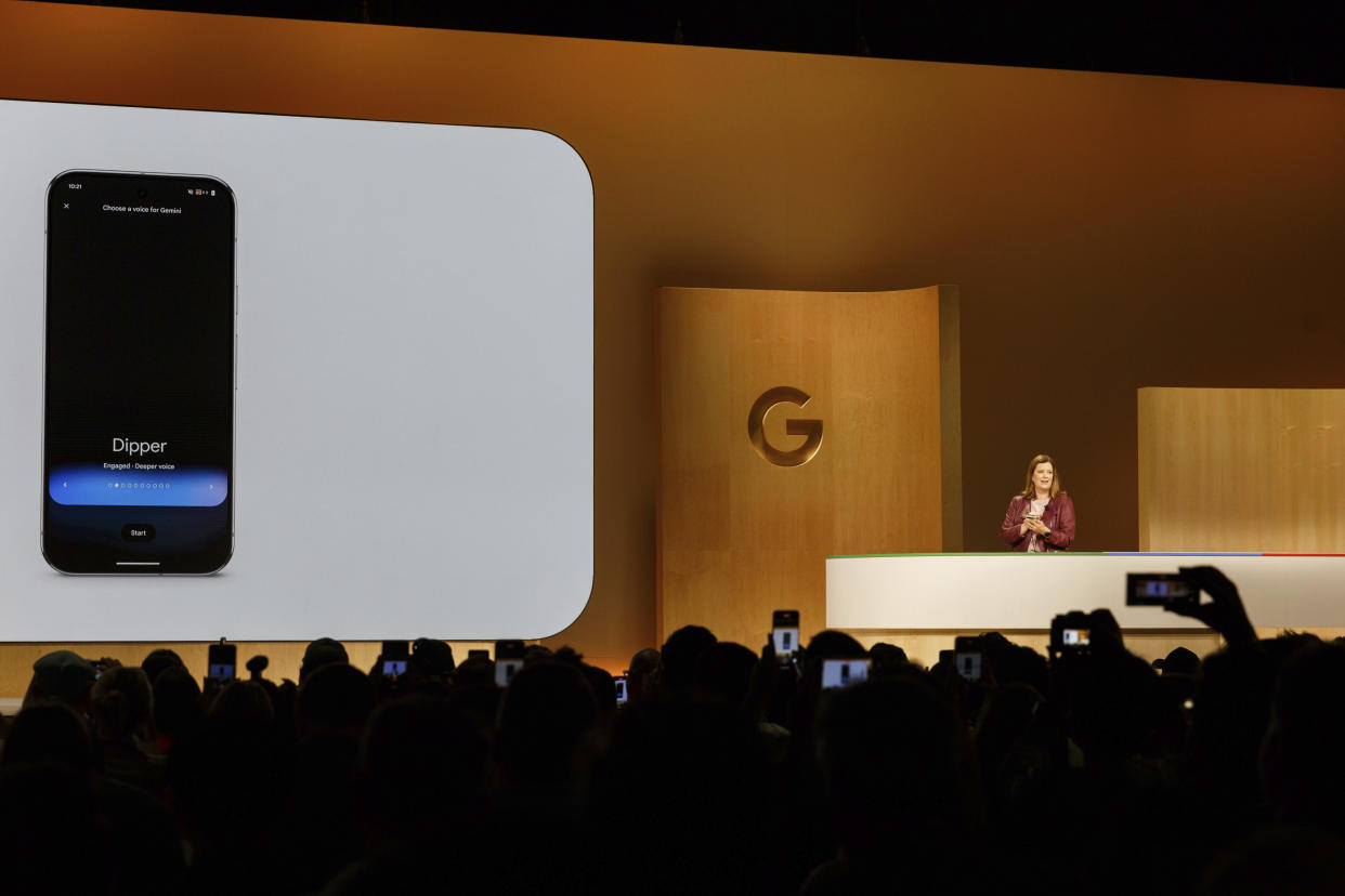 Jenny Blackburn, Vice President of UX, Gemini experiences and Google Assistant presents different voices for Gemini during Made By Google at Google on Tuesday, Aug. 13, 2024, in Mountain View, Calif. (AP Photo/Juliana Yamada)