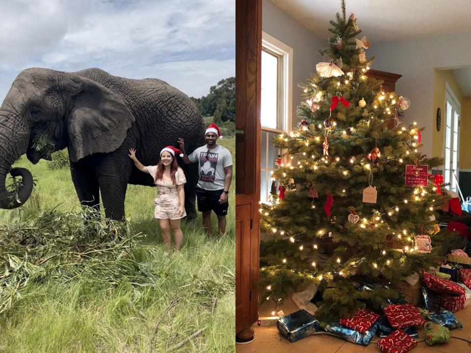 Megan Gieske and her partner with an elephant, and a christmas tree on the right