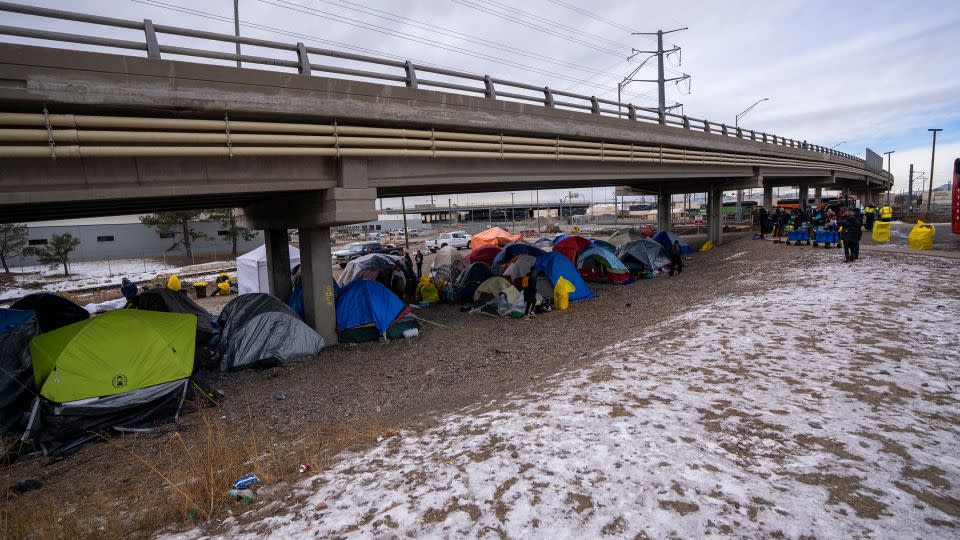 Venezuelans set up this encampment north of Denver's downtown, between rail tracks and interstates. - Evelio Contreras/CNN