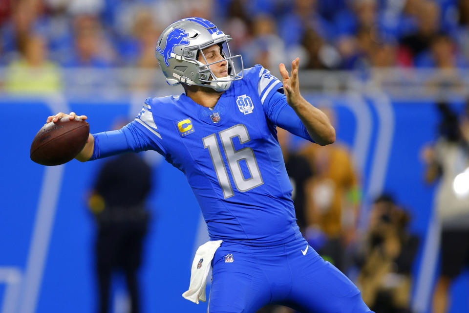 Detroit Lions quarterback Jared Goff passes against the Atlanta Falcons in the first half of an NFL football game Sunday, Sept. 24, 2023, in Detroit. (AP Photo/Al Goldis)