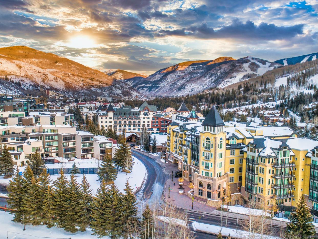 Drone Village Skyline Aerial of Vail, Colorado.