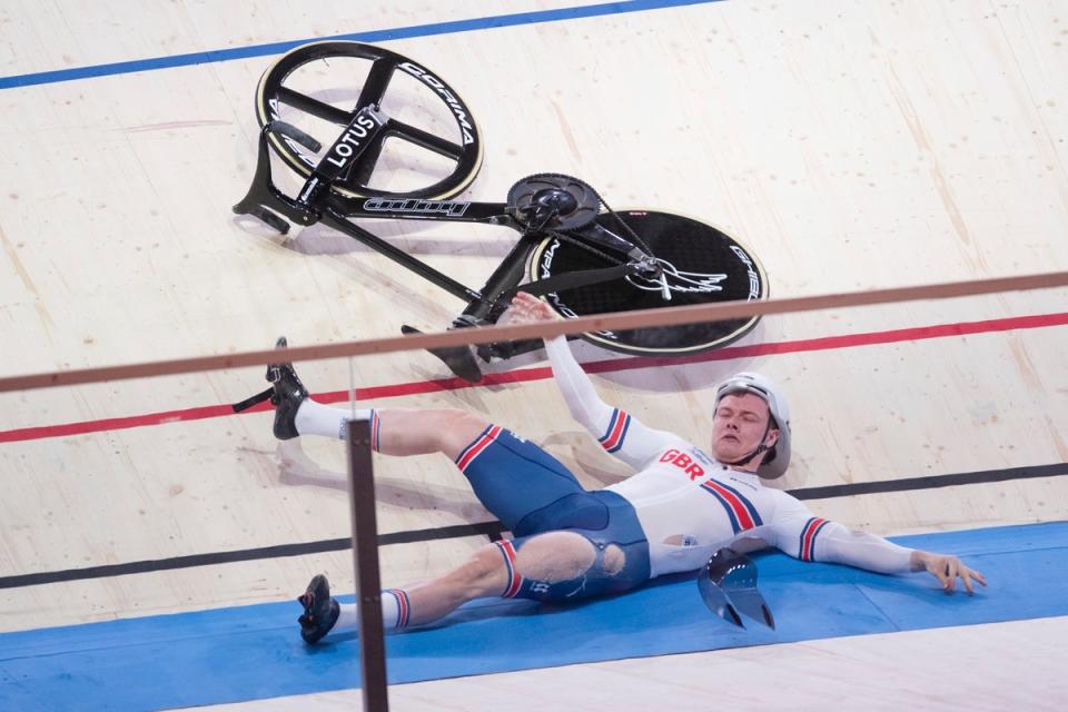Great Britain’s Jack Carlin crashes during the men’s sprint at the European Championships in Munich (Marius Becker/dpa via AP) (AP)