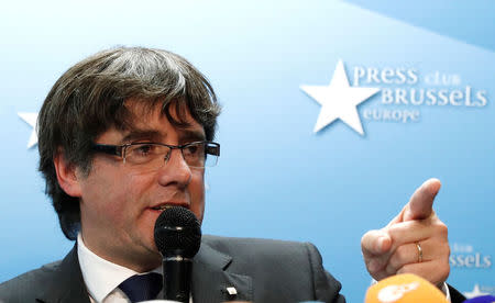 Sacked Catalan leader Carles Puigdemont attends a news conference at the Press Club Brussels Europe in Brussels, Belgium, October 31, 2017. REUTERS/Yves Herman