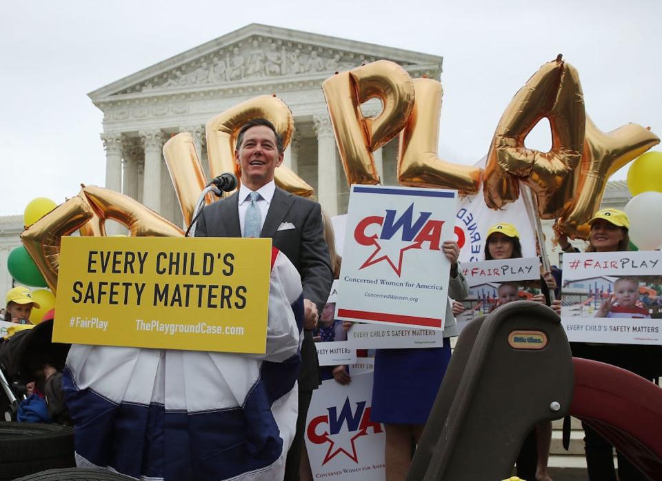 Faith & Freedom Coalition Chairman Ralph Reed speaks in front of the Supreme Court before arguments in Trinity Lutheran Church of Columbia v. Comer. <a href="https://www.gettyimages.com/detail/news-photo/faith-freedom-coalition-chairman-ralph-reed-speaks-during-a-news-photo/670245268?adppopup=true" rel="nofollow noopener" target="_blank" data-ylk="slk:Mark Wilson/Getty Images;elm:context_link;itc:0;sec:content-canvas" class="link ">Mark Wilson/Getty Images</a>