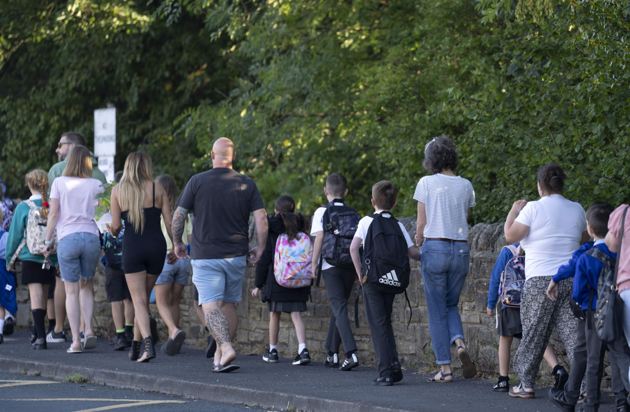 Children arrive at Crossflatts primary in Bradford which has been affected with sub standard reinforced autoclaved aerated concrete (Raac). Picture date: Monday September 4, 2023. (Photo by Danny Lawson/PA Images via Getty Images)