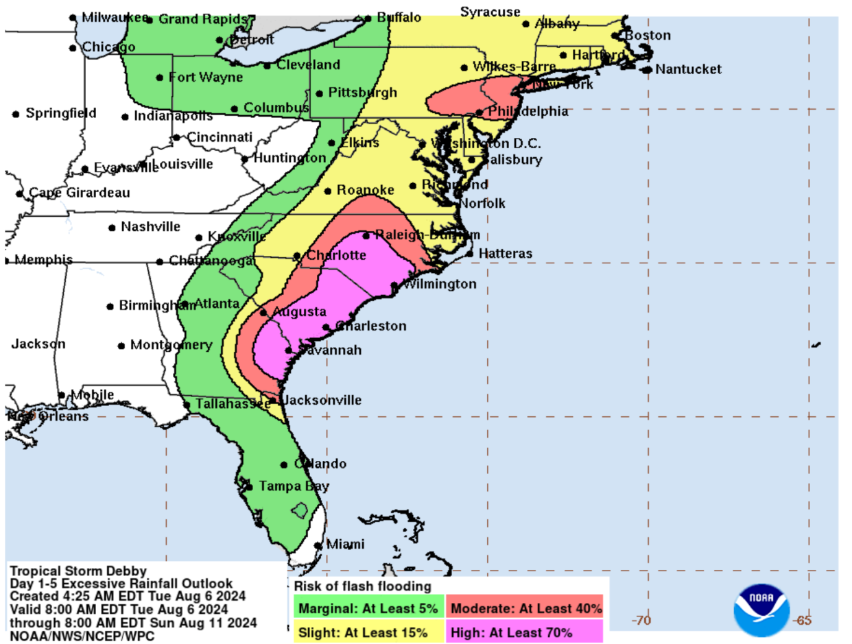 Map shows latest flash flood probabilities for Tropical Storm Debby (National Hurricane Center)