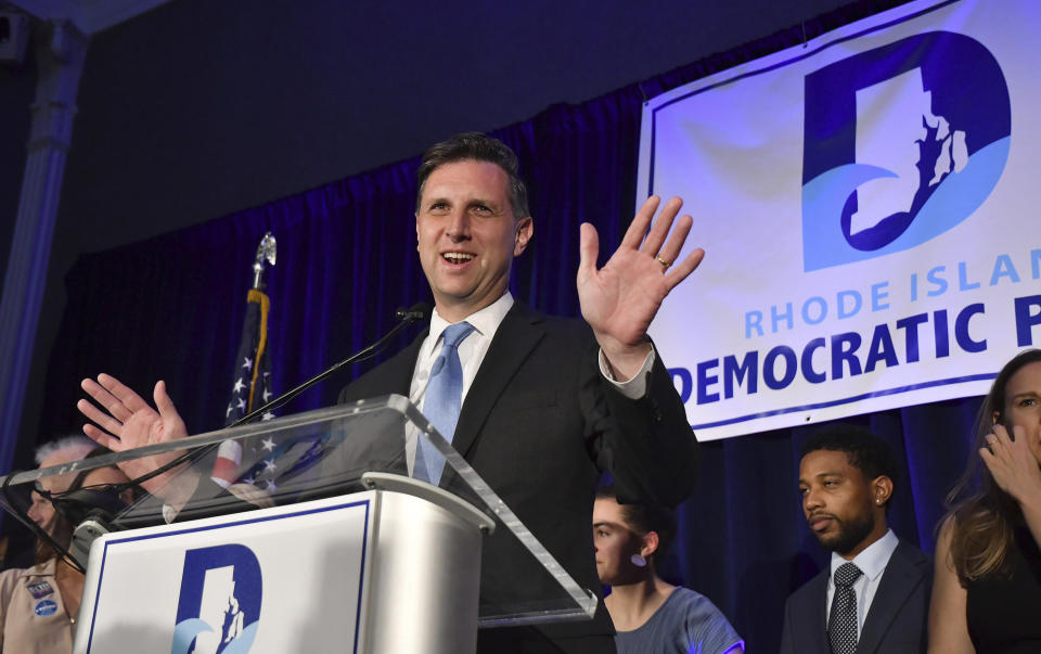 Seth Magaziner gives his victory speech after winning the the 2nd Congressional District during an election night gathering of Rhode Island Democratic candidates and supporters, Tuesday Nov. 8, 2022, in Providence. (AP Photo/Mark Stockwell)