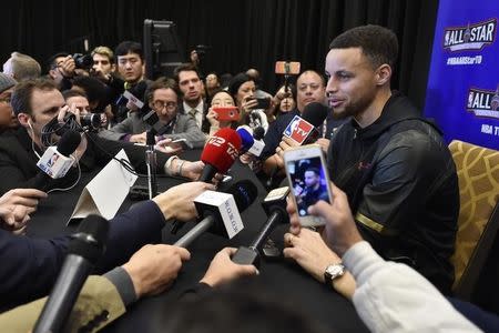 Feb 12, 2016; Toronto, Ontario, Canada; Western Conference guard Stephen Curry of the Golden State Warriors (30) speaks during media day for the 2016 NBA All Star Game at Sheraton Centre. Bob Donnan-USA TODAY Sports