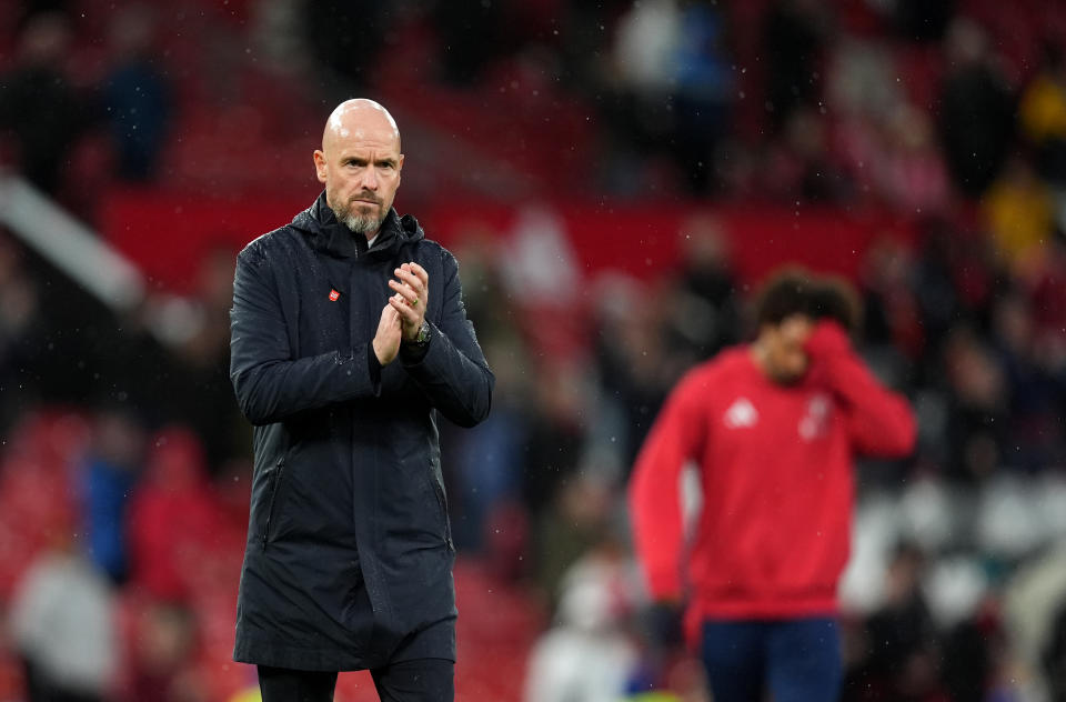 Manchester United manager Erik ten Hag applauds the fans following the Premier League match at Old Trafford, Manchester. Picture date: Sunday September 29, 2024. (Photo by Martin Rickett/PA Images via Getty Images)