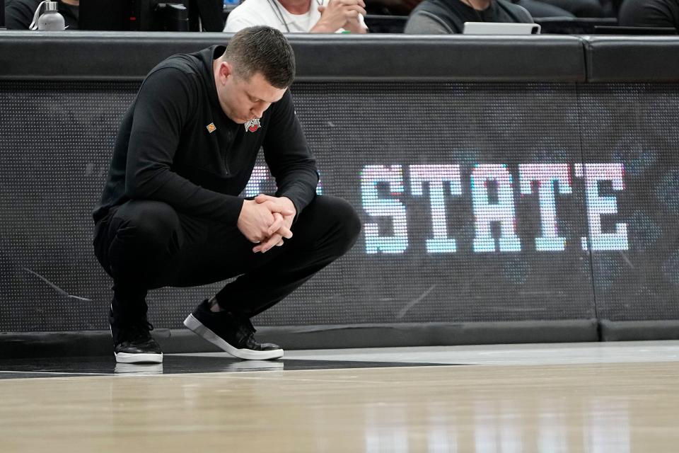 Ohio State coach Jake Diebler reacts to a second-half play during Tuesday's 79-77 loss to Georgia in the NIT quarterfinals.