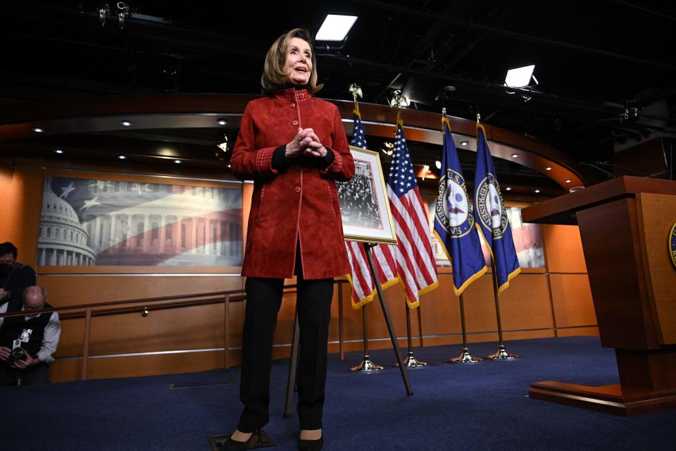 US Speaker of the House Nancy Pelosi departs after speaking at her final weekly press briefing in the US Capitol Visitor Center in Washington, DC, on December 22, 2022. (Photo by Mandel NGAN / AFP) (Photo by MANDEL NGAN/AFP via Getty Images)