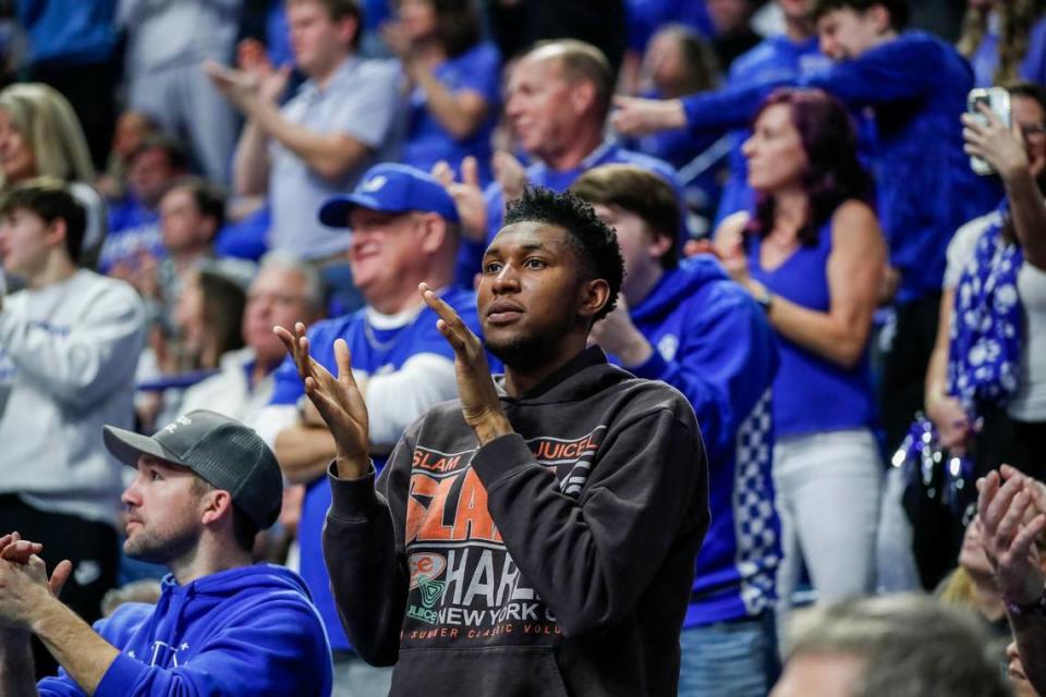 Kentucky signee Justin Edwards watches the Kentucky Wildcats face the Tennessee Volunteers during the game at Rupp Arena in Lexington, Ky., Saturday, February 18, 2023. Edwards is one of five members of Kentucky’s 2023 recruiting class.