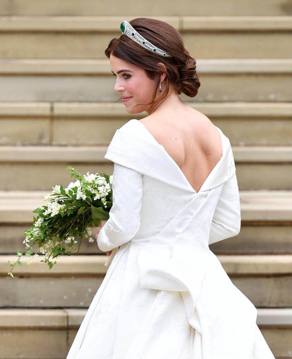 WINDSOR, UNITED KINGDOM - OCTOBER 12: (EMBARGOED FOR PUBLICATION IN UK NEWSPAPERS UNTIL 24 HOURS AFTER CREATE DATE AND TIME) Princess Eugenie arrives at St George's Chapel ahead of her and Jack Brooksbank's wedding ceremony on October 12, 2018 in Windsor, England. (Photo by Pool/Max Mumby/Getty Images)