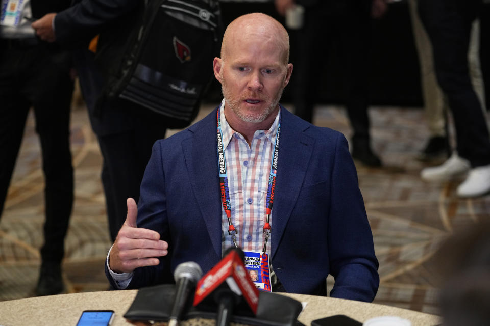 Buffalo Bills head coach Sean McDermott speaks during the AFC head coaches availability at the NFL meetings, Monday, March 27, 2023, in Phoenix. (AP Photo/Matt York)