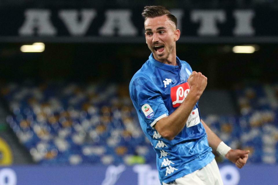 Napoli's midfielder Fabian Ruiz celebrates after scoring a goal during the Italian Serie A soccer match between SSc Napoli and Inter FC at the San Paolo stadium in Naples, Italy, Sunday May 19, 2019. (Cesare Abbate/ANSA via AP)