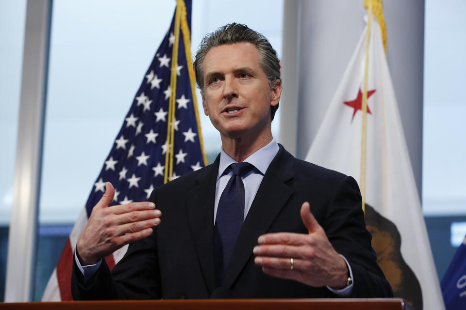 FILE - In this April 9, 2020, file photo California Gov. Gavin Newsom gives his coronavirus update at the Governor's Office of Emergency Services in Rancho Cordova, Calif. (AP Photo/Rich Pedroncelli, File)