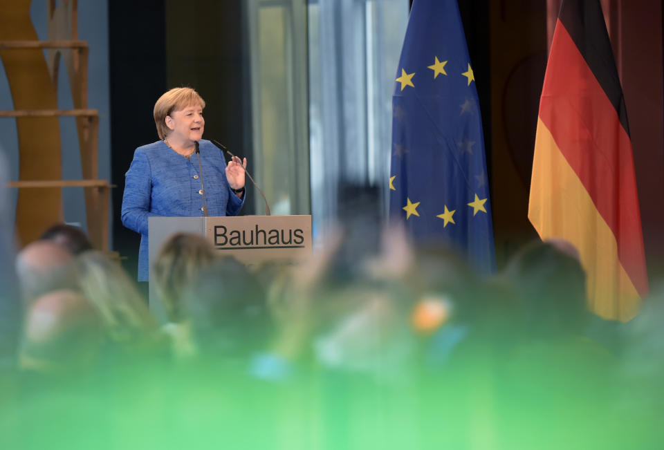 German Chancellor Angela Merkel speaks during the official opening of the new Bauhaus Museum, built for the centenary of the founding of the Bauhaus, in Dessau, Germany Sunday, Sept. 8, 2019. (AP Photo/Jens Meyer)